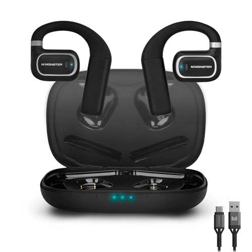 Monster Clarity Air 2.0 Open Ear Wireless Earbuds, Air Conduction, Touch Controls, Built-in Microphone, 28H Playtime, Lightweight Comfortable Fit, Built-in Ear Hooks, Running & Workout Earbuds
