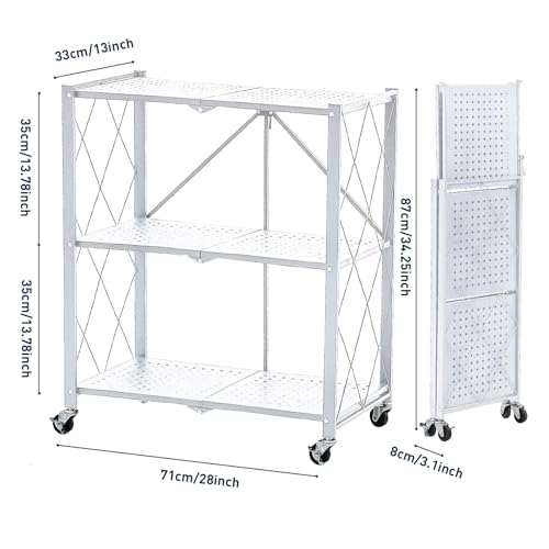 Image of BRIAN & DANY 3-Tier Foldable Storage Shelves with Wheels, No Assembly Folding Shelf Metal Rack, Shelving Unit for Kitchen, Garage, White
