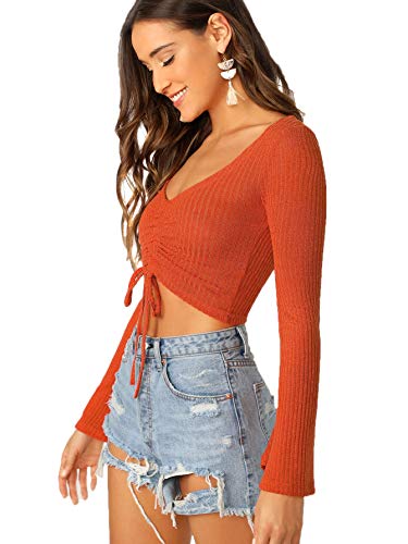 Image of SweatyRocks Women's Adjustable Drawstring String Long Bell Sleeve Rib Knit Sexy Crop Top