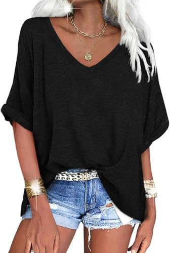 Image of UNCLECAT Womens V Neck Oversized T-Shirts Summer Short Sleeve Loose Tops | Plus Size, Rolled-up Sleeves, Trendy Fashion Clothes, Deep V Neck, Casual Basic Tee