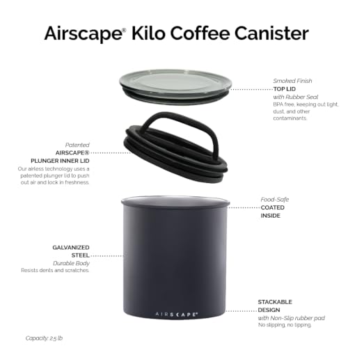 Image of Planetary Design Airscape Kilo Coffee Storage Canister - Large Food Container Patented Airtight Lid 2-Way Valve Preserve Freshness Holds 2.2 lb Dry Beans (Matte Gray)