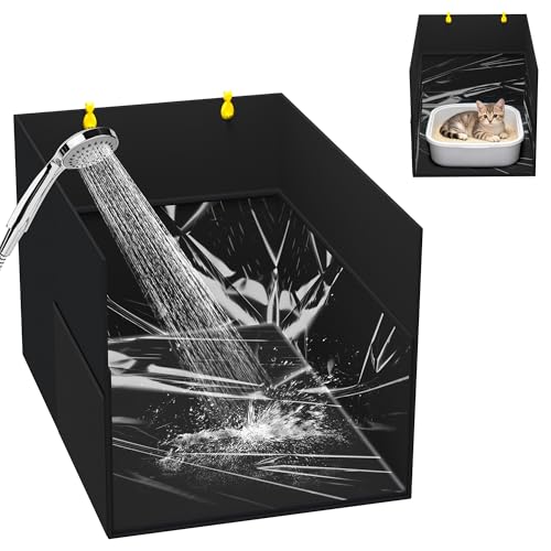 Aokeyee Waterproof Cat Litter Box Enclosure Splash Guard with Removable PVC Mat, Foldable Black Pet Litter Box Shield with 2 Hooks