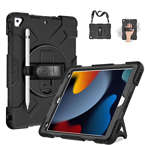 Case For Ipad 9Th Generation 2021: Supfives Upgraded Military Grade Protective Shockproof Silicone Cover With Kickstand- Handle- Shoulder Strap For Ipad 10.2 8Th/7Th Generation -Black #TOP28