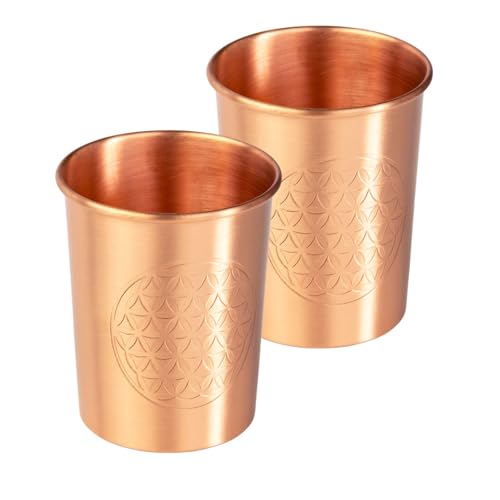 Bodhi Kupferbecher 2er Set | Ayurveda Trinkbecher aus reinem Kupfer | Trinkbecher mit 250 ml Volumen | Wasser Becher mit Design Veredelung | Langlebige Metallbecher | Blume des Lebens