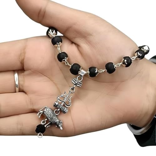 Image of Original Karungali Mala with Shiv Shakti Trishul Damru Nandi Pendant | Natural Black Ebony Wood Karungali Mala with traditional spiritual pendants for meditation prayer yoga and Pooja