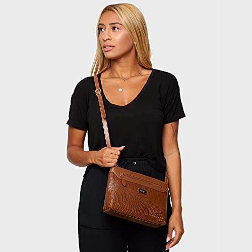 Bolsa Feminina Couro Legítimo Lezard Transversal Fechamento Zíper 2193 (Havana)