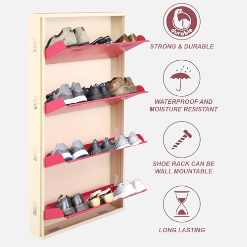 Image of Metal Shoe Rack Wall Mounted for Home with Central Locking 4 Door 28 inch Wall Mounted Metal 12 Pair Shoe Rack Cabinet Pre-Assembled Rack Shelves 3 Year Warranty (Pink & Ivory)