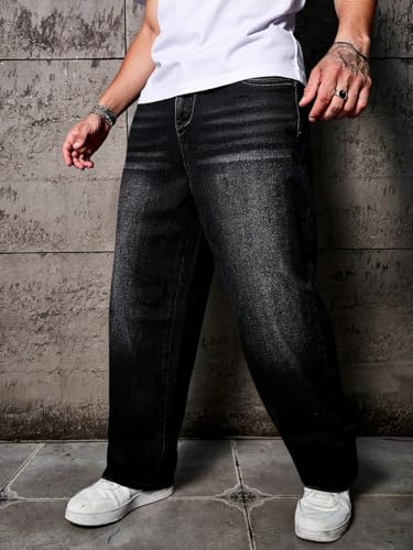 Image of AVANOVA Men's Baggy Fit Jeans- Solid Washed Denim Straight Wide-Leg | Streetwear Casual Dailywear Pants for Men | Trendy Loose-Fit Mid-Waist Denim Trousers (Jeans 247)