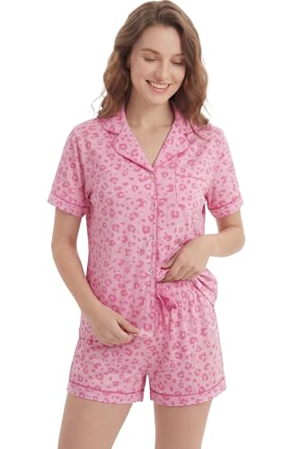 Image of LUBOT 100% Cotton Pajamas for Women 2 Piece PJ Set Button-Down Soft Knit Short Sleeve Summer Sleepwear Loungewear XS-XXL