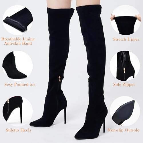Image of GENSHUO Women's Over the Knee Boots Stiletto Pointed Toe Thigh High Heel | Stretchy Thigh High Long Boots with Side Zipper, Sexy Slim Fit Tall Heeled Boot for Club Party Evening Dress Wear