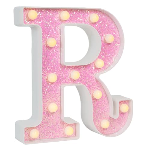 Image of Pink Glitter Marquee Light Up Letters, Battery Operated LED Letter Lights Signs for Pink Birthday Party Table Decorations, Wall Decor for Girls Bedroom, Initial Letter R with Warm White Lights