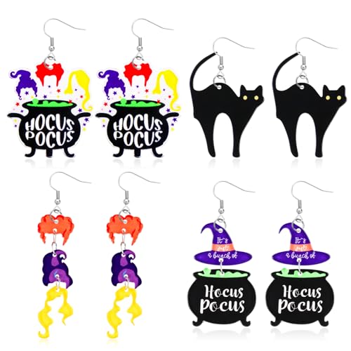 4 Pairs Spooky Witches Halloween Earrings for Women Funning Potion Cauldron Earrings and Black Cat Earrings for Witch Costume Accessories Halloween Party Favors Gifts