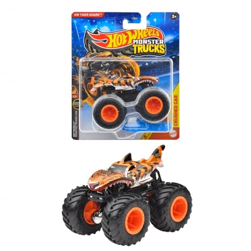 Hot Wheels Monster Truck, 1:64 Tiger Shark, Spielzeugfahrzeug für Fahrzeuge ab 3 Jahren, Orange, JGR02
