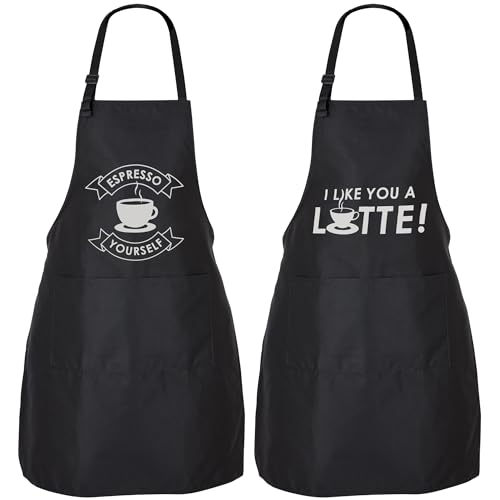 Zulay 2-Pack Funny Aprons For Men & Women - Kitchen Aprons With Adjustable Neck Strap & 2 Large Pockets - Waterproof Aprons For Cooking, Baking Grilling, Bbq - Couple Gifts, Gag Gifts (Coffee Puns)