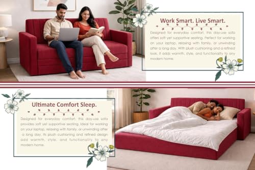 Image of Deco Studio Sofa Cum Bed | 3-Seater Foladable Sofa Couch with Armrest | Modern Fabric Sofa for Living Room, Bedroom & Office Red Color