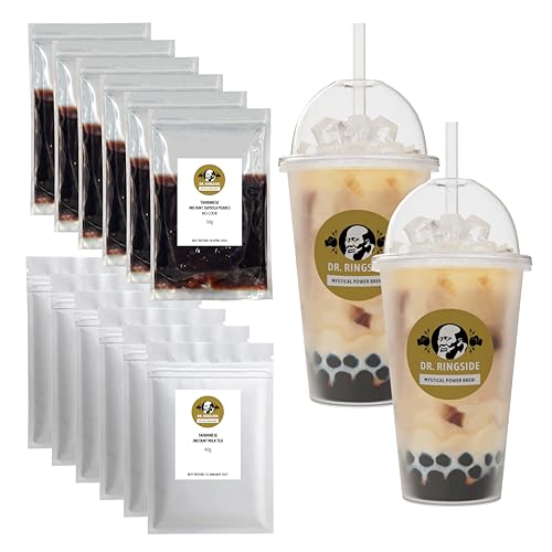Dr. Ringside Instant COLD Water Milk Tea Powder and Tapioca Pearls 6-Pack with 2 Cups | Bubble Tea Kit | 500ml Cup Size | No-Cook Ready to Eat Pearls | Boba Tea | Taiwanese Pearl Milk Tea