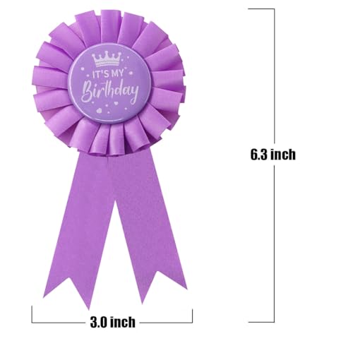Image of It's My Birthday Award Ribbon, Satin Fabric Birthday Girl Tinplate Badge Pin, Happy Girl Party Button Pin Brooches (Light Purple)