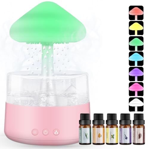 Image of Rain Sound Cloud Humidifier Water Drip with 5 Essential Oils, Cloud Diffuser with 7 Changing Colors Night Lights, Mushroom Humidifier Desk Bedside Water Drop Sound, Pink