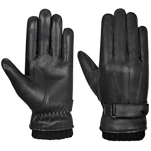 Oro Gloves Mens Winter Leather Gloves Warm Winter Gloves Touchscreen Compatible Fleece Lined Black Leather Driving Gloves for Men Warm Leather Gloves Casual Outdoor Sports (Black L)