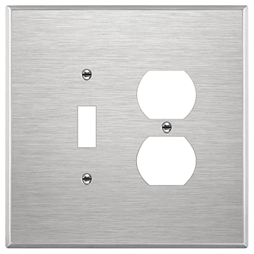 Image of ENERLITES Combination Toggle Light Switch or Duplex Receptacle Outlet Metal Wall Plate, Corrosion Resistant, Over Size 2-Gang 5.5 inch x 5.5 inch, 771121O, 430 Stainless Steel, UL Listed, Silver