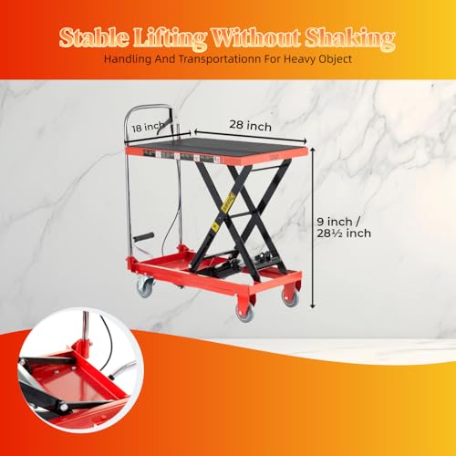 500lbs Load Capacity Hydraulic Lift Table Cart, 28.5\'\' Lifting Height Steel Single Scissor Lift Table with Non-Slip Pads and 4 Wheels for Material Handling and Transportation