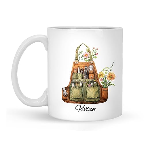 Personalized-Brown-Gardening-Apron-With-Tools-And-Flower-Mug-Customized-Gifts-For-Gardeners-With-Name-Custom-Coffee-Mug-Plant-Lover-Mug-Gift-For-Garden-Lover-Plant-Mug-White-Ceramic-Mug