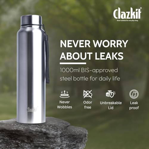 Image of Clazkit Amaze Pro Classic 1000ml Sporty Stainless Steel Water Bottle Set of 6 |ISI Certified| SLeakproof, Rust-Free, BPA-Free, Durable for College, Fridge, Sports, Gym, Yoga & Office