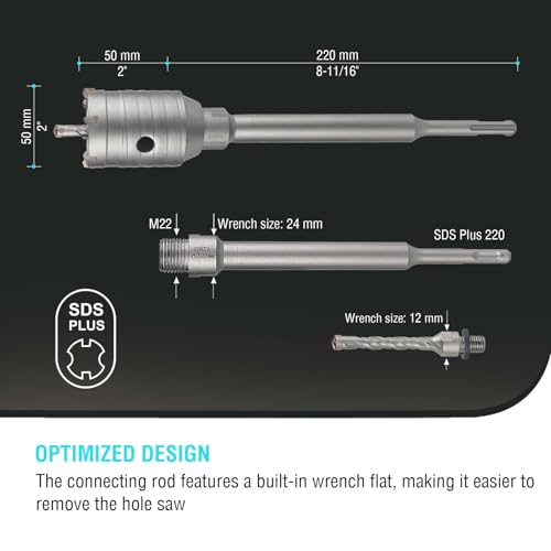 Image of BINOTA 50 mm (2 inch) Concrete Hole Saw with SDS-Plus Shank | Tungsten carbide drill bit; SDS-Plus shank (220 mm); Cross-type center drill; Dry drilling for concrete /brick /stone /masonry
