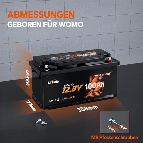 LiTime 12V 100Ah LiFePO4 Batterie Bluetooth H190, Wohnmobil-Untersitz DIN H8 L5 Größe Gruppe 49, 100A BMS...