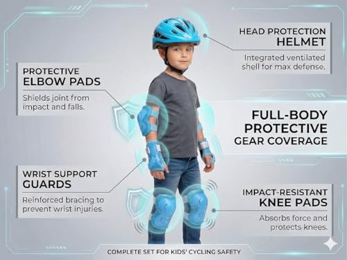 Image of JERN 7 Pieces Kids Children Roller Skating Bicycle Cycling Scooter Helmet Knee Elbow Pad Wrist Guard Set (Blue)