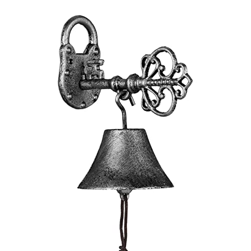 Relaxdays Cloche en Fonte, Design Antique, Motif Clef, avec Corde, Clochette pour l’extérieur, Noir - argenté