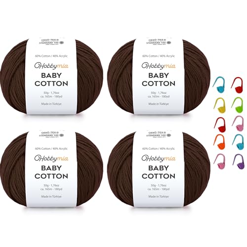 Image of Baby Cotton Blend Yarn - Soft Sport Weight Yarn for Crochet & Amigurumi - 50g /180yds - 60% Cotton 40% Acrylic - Ideal for Baby & Knitting Proj. & 10 Stitch Markers(Brown, 4 Balls)