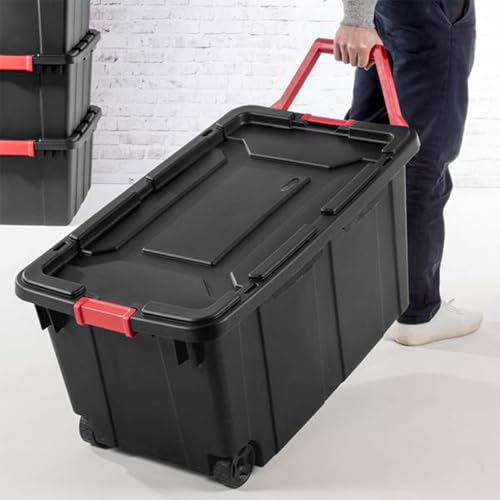 Image of Sterilite 2-Pack Industrial Tote, Heavy-Duty Storage Bins w / Lids and Wheels, 40 Gallon - Stackable Organizing Containers for Home, Garage, Office, and Basement