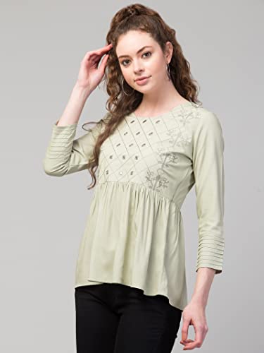 Image of FIMS - Fashion is my style Women Cotton Pleated & Gathered Embroidery Stone Full Sleeves Top Regular Fit Round Neck Tops for Girls