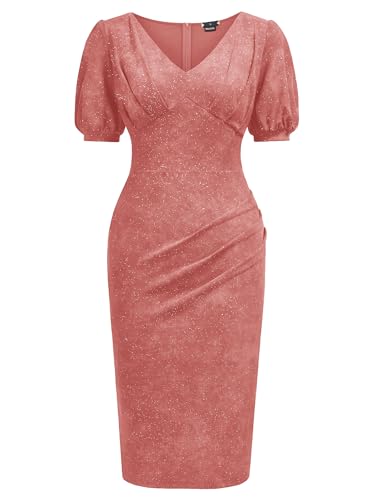 Image of Miusol Women's Retro V-Neck Elegant Glitter Wrap Ruched Puff Sleeve Cocktail Party Dress