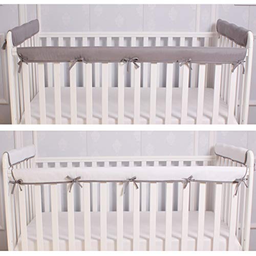 CaSaJa 3 Pieces Reversible Microfiber Crib Rail Cover Set for 1 Front Rail and 2 Side Rails, Soft Batting Inner for Baby Teething Guard, Gray or White, Fits Up to 8 inches Around or 4 inches Folded
