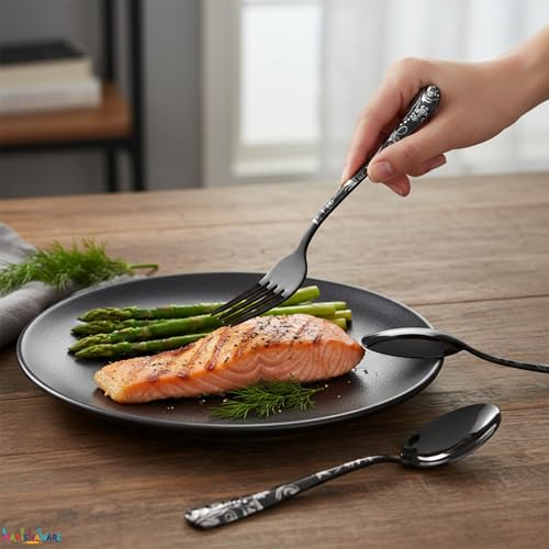 Image of Floral Black 5 Pcs Stainless Steel Cutlery Set for Dining Table, Dishwasher Safe Glossy Flatware (1 Spoon Set+1 Forks Set+1 Butter Knife+1 Dessert Spoon+ 1 FruitFork)