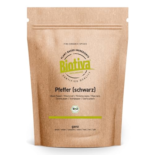 Biotiva Pimienta entera orgánica 250 g - granos de pimienta entera en calidad orgánica superior - adecuada para molinos de pimienta - Piper nigrum
