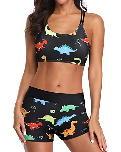 image for Holipick Black Dinosaur 3 Piece Tankini Swimsuits for Women Tummy Cont