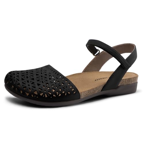 Athlefit Women's Closed Toe Sandals Comfort Cork Footbed Arch Support Flat Sandals Black Hollow Size...