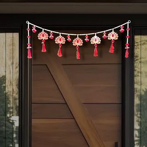 Image of iHandikart Decorative Lotus Toran for Door | Hanging Beads and Tassels for Entrance, Elegant Flower for Backdrop and Handmade Beaded Bandhanwar for Decoration (40 Inch)