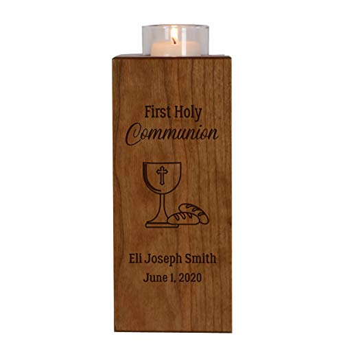 LifeSong Milestones Personalized Baptism Gifts for Boy Girl Son Daughter Godson Goddaughter Godchild Solid Cherry Wood Candle Holder Christening Keepsake 8in (Cup)
