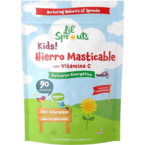 Hierro y Vitamina C Niños | 90 Comprimidos Masticables | Sabor Frutos del Bosque | 7mg Iron + 40mg Vitamin C | Lil Sprouts