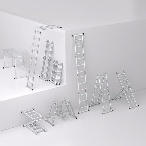 NAIZY Échelle Multifonction 6 en 1 en Aluminium - 470 cm - Télescopique échelle Pliante - avec 2 roulettes et Plateforme - 4 x 4 - Argenté - Charge Maximale : 150 kg