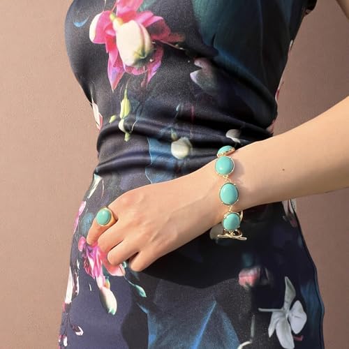 Turquoise Charm Bracelet for Women 18K Gold Plated Turquoise Charms Dainty Stackable Gold Bracelets Toggle Clasp Vintage Jewelry Birthday Gift for Her3