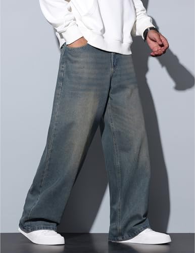 QGRSWBC Men's Baggy Jeans Wide Leg Loose Fit Jeans Y2K Vintage Denim Pants Streetwear Retro Blue — view 5