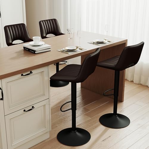 Butacos giratorios LSSBOUGHT, juego de 2 unidades, modernos y ajustables con respaldo abierto, sillas de barra de cuero sintético con elevación neumática para cocina y bar en casa, color marrón miniatura 7
