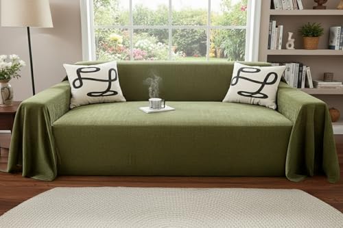 Image of The Furnishing Tree Reversible Double Sided Chenille Throw Sofa Cover, Anti-Slip Couch Cover, Comfy Sofa Towel for All Seasons, 3 Seater, Soft textured woven finish Olive Green
