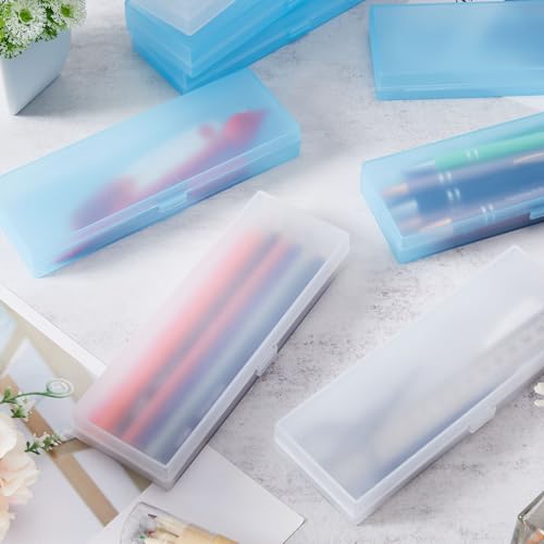 Image of Fainne 80 Pieces Back to School Plastic Pencil Boxes Pencil Case Bulk Frosted Clear Multi Colored Pens Holder Stackable Container with Lid & Snap for Stationery Office Classroom(White Blue)