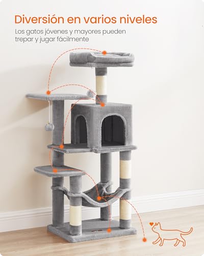 Miniatura 4 de Feandrea Rascador Para Gatos, Árbol Para Gatos, Altura 112 Cm, Torre Con 4 Postes, 2 Plataformas, 1 Cueva, 1 Hamaca, 2 Pompones, Tela De Felpa, Multinivel, Gris Claro Pct261w01